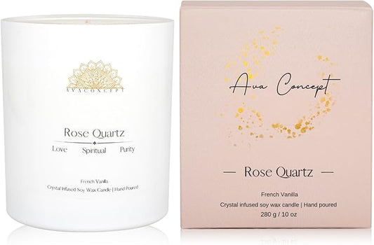 ‎ava concept - Crystal Candle Rose - Quartz French Vanilla Scented - Soy Candles - Home Decor Aromatherapy - Glass Jar Birthday, Wedding Gift Set for Women 10 oz
