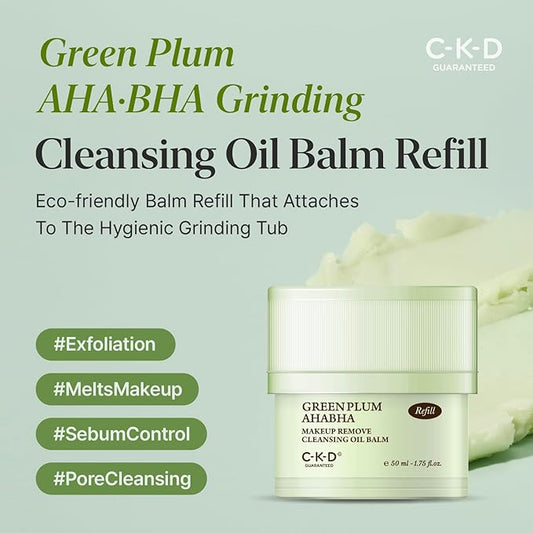 CKD Green Plum AHA·BHA Grinding Cleansing Oil Balm [Refill] - Sherbet Balm Cleanser for Makeup, Sebum & Blackhead Removal. Exfoliating with 4-Acid Complex for All types of Skin.1.75 fl oz