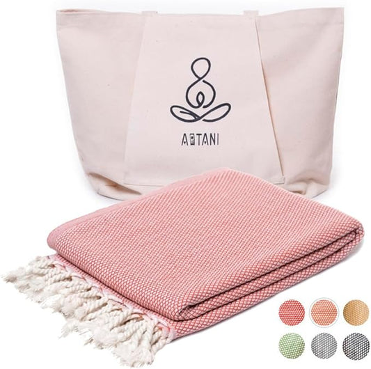 ATANI 69x35 in Oversized Turkish Beach Towel Set with Tote Bag – Quick-Dry 100% Turkish Cotton Peshtemal, Sand-Resistant, Lightweight for Shower, Travel, Pool, Yoga (Orange)
