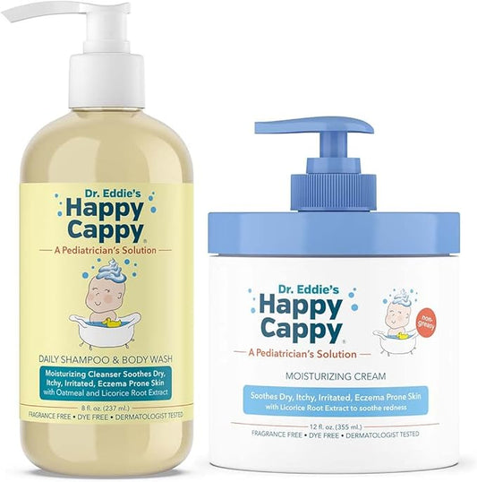 Happy Cappy Baby Shampoo and Body Wash and Moisturizing Cream Bundle - Eczema Body Wash and Lotion for Kids, Toddler, Adults, Helps with Dryness, Reduces Itching, Dermatologist Tested, Fragrance-Free