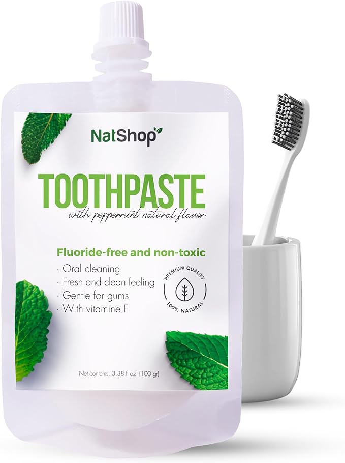 | Natural Mint Toothpaste Fluoride-Free with Coconut Oil and Vitamin E | Squeeze Pouch 3.38 Fl Oz (100 g) (3.5 Ounce (Pack of 1))