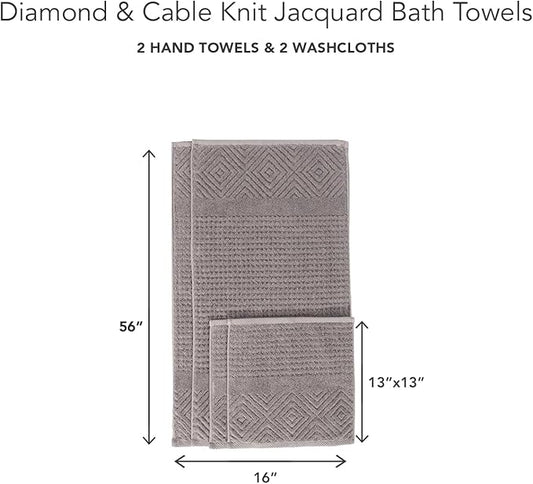 Texere 100% Organic Cotton Diamond Jacquard 700 GSM Luxury Bath Towel Sets - Ultra Soft and Absorbent Hotel and Spa Quality (Diamond, Cathedral Gray, 2 Hand & 2 Face Towels)