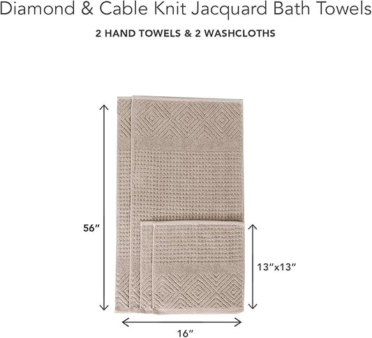 Texere 100% Organic Cotton Diamond Jacquard 700 GSM Luxury Bath Towel Sets - Ultra Soft and Absorbent Hotel and Spa Quality (Diamond, Oxford Tan, 2 Hand & 2 Face Towels)