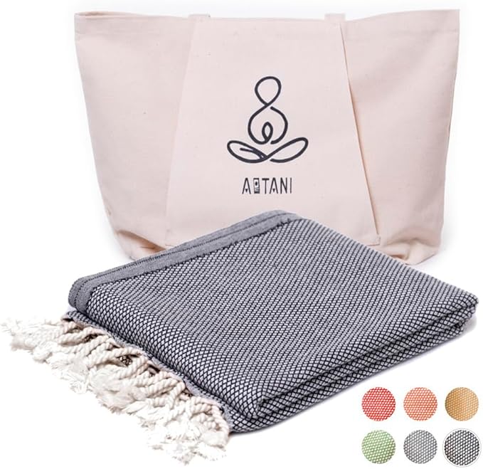 ATANI 69x35 in Oversized Turkish Beach Towel Set with Tote Bag – Quick-Dry 100% Turkish Cotton Peshtemal, Sand-Resistant, Lightweight for Shower, Travel, Pool, Yoga (Black)