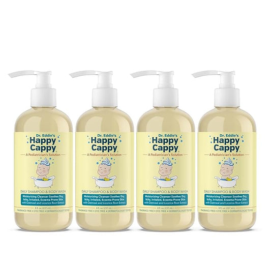 Happy Cappy Baby Shampoo and Body Wash - Eczema Body Wash for Kids & Toddlers, Helps with Dryness, Reduces Itching and Redness, Dermatologist Tested, Fragrance Free - 8 Fl Oz (Pack of 4)