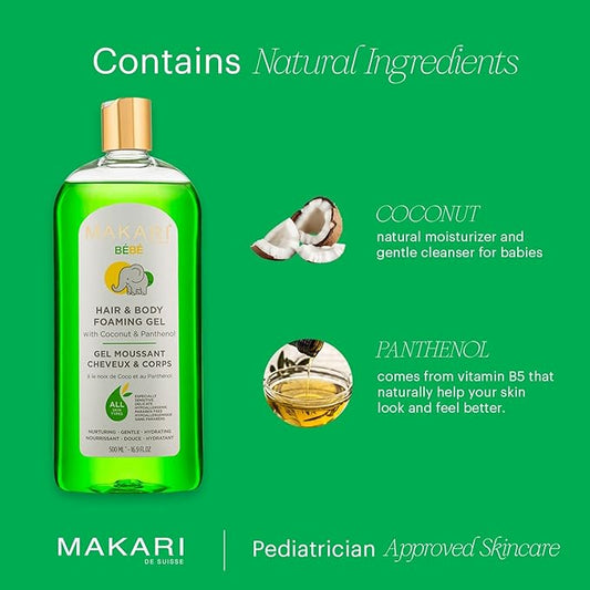 MAKARI Baby Hair and Body Foaming Gel for Sensitive and Delicate Skin, Hypoallergenic and Paraben-Free Baby Body Wash and Shampoo with Nourishing Coconut Oil & Panthenol