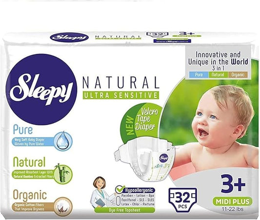 SOHO | Sleepy Natural Baby Diapers, Made from Organic Cotton and Bamboo Extract, Ultimate Comfort and Dryness, Disposable Diapers Snuggle Diaper (Size 3 +)