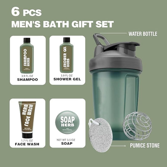 Bath and Body Gift Baskets for Men, 6 Pcs Mens Shower Gift Sets with Fresh Herbal Scent Body Wash Face Wash, Water Bottle & More, Unique Gift Ideas for Him Fathers Day