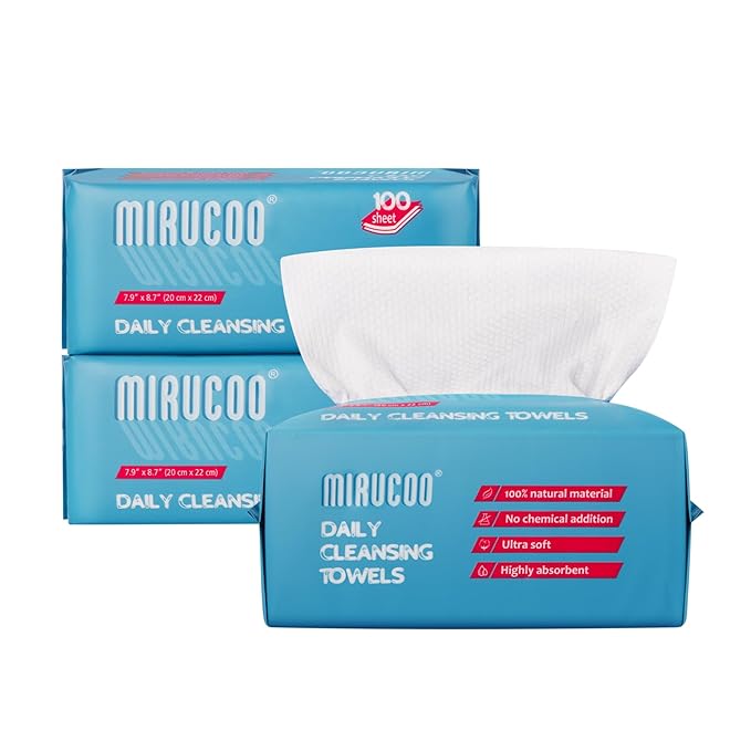 100 Sheet Daily Cleansing Towels Ultra Soft Dry Wipes for Sensitive Skin Disposable Facial Washcloths 100% Organic Viscose (Pack of 3)