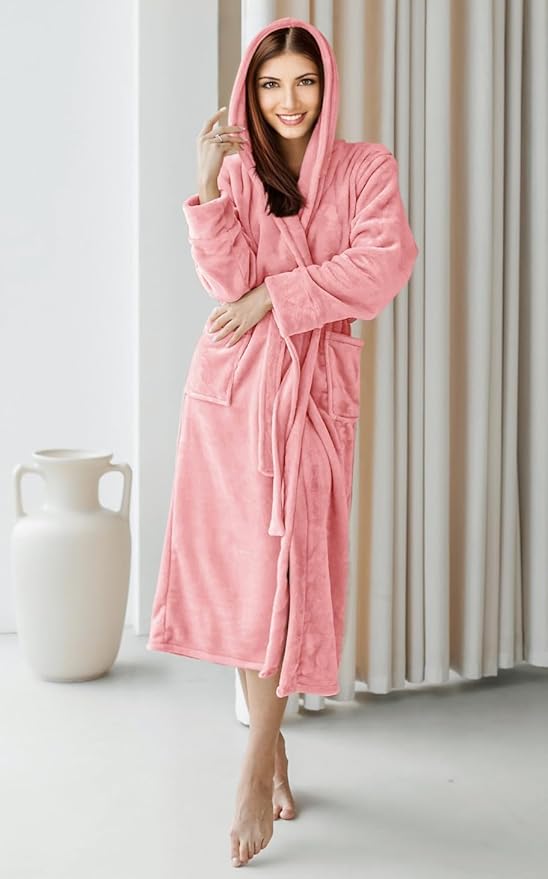 NY Threads Premium Women's Fleece Hooded Bathrobe Plush Long Spa Robe