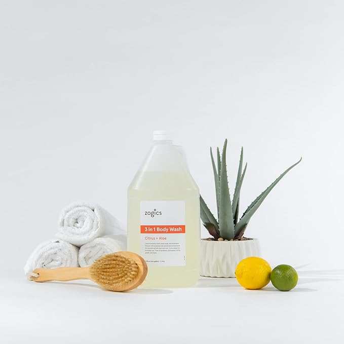 Zogics 3-in-1 Body Wash – Body Soap, Shampoo, and Hand Soap Liquid Refill All-in-One, Hydrating Plant-Based Formula, Refreshing Citrus + Aloe Scent (1 Gallon)