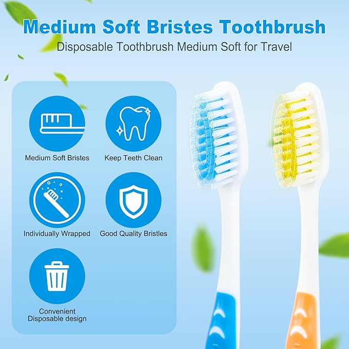 100 PCS Disposable Toothbrushes Individually Wrapped Bulk Toothbrush Pack, Medium Soft Toothbrushes for Adults, Kids, Guests, Travel, Hotel, Nursing, Donation (2 Colors)