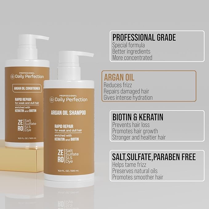 (dp) Argan Oil Shampoo & Conditioner – Repair & Protect Damaged Hair – Clean + Salon-Grade Formula with Biotin & Keratin