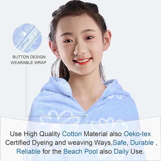 VOOVA & MOVAS Hooded Bath Towels for Teens/Big Kids (8-14 Years) | Soft Absorbent 100% Cotton Thick Towel Wrap | Versatile Beach, Pool, Swim & Bath Cover-Up | Jacquard Blue Daisy