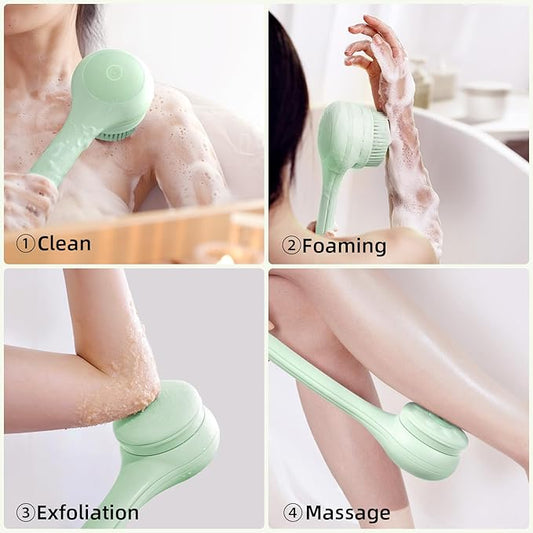 Electric Body Brush Back Scrubber for Shower, Waterproof Long Dual Handle Power Body Scrubber with 3 Heads, Rechargeable Bath Brush & 2 Speeds, for Cleansing, Exfoliating and Massaging Skin