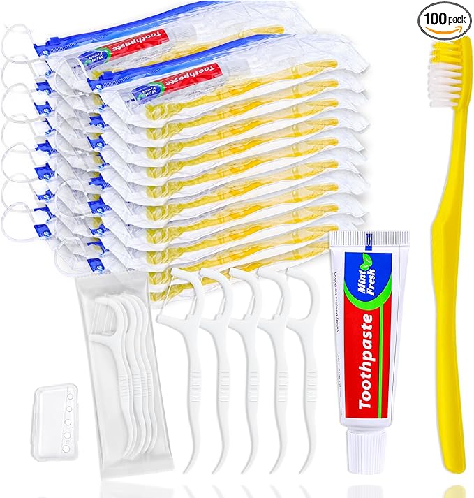 100 pcs Disposable Toothbrushes with Toothpaste and Floss Set,Yellow Individually Wrapped Bulk Single Use Toothbrush Floss Cover Travel Toothbrushes Kit with Zip Bag for Homeless,Hotel,Guest