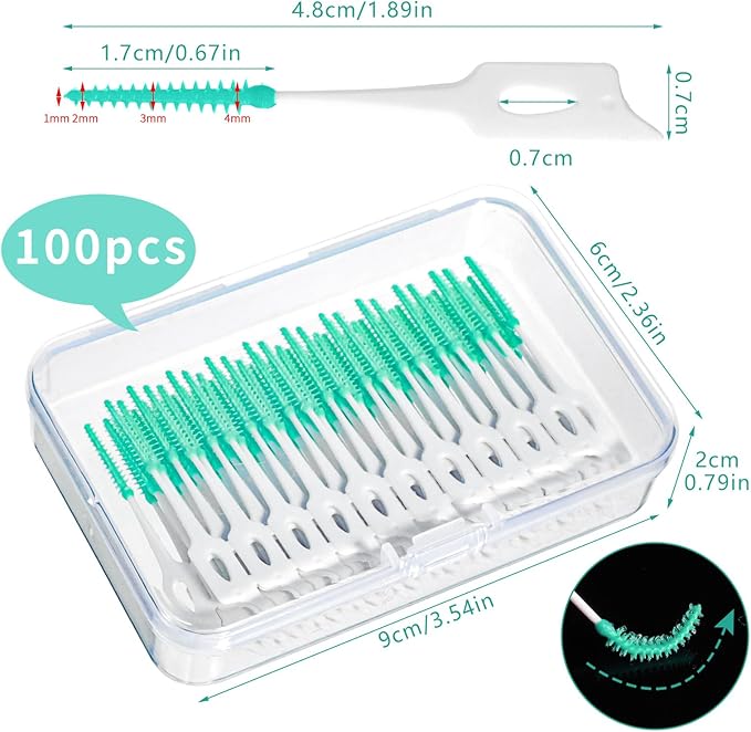 100 Pieces Interdental Brushes, Silicone Dental Floss Picks with Case Dental Brushes Dental Picks Green Tooth Floss Picks for Teeth Cleaning(Green)