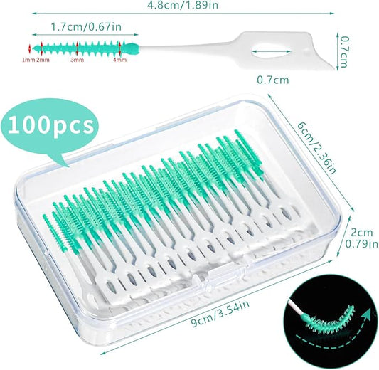 100 Pieces Interdental Brushes, Silicone Dental Floss Picks with Case Dental Brushes Dental Picks Green Tooth Floss Picks for Teeth Cleaning(Green)