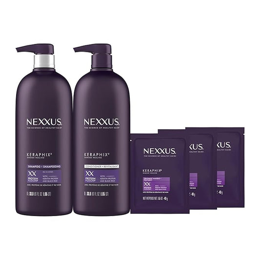 Nexxus Keraphix Shampoo and Conditioner - Damaged Hair Treatment System with Keratin Protein and Black Rice, 2 Count & 3 Repair Masks Treatment, 33.8 oz, 1.5 oz, 3 Count, 5 Count ( Pack of 1)
