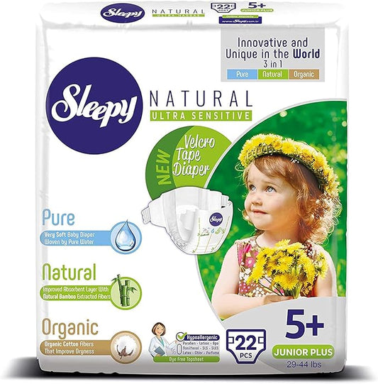SOHO | Sleepy Natural Baby Diapers, Made from Organic Cotton and Bamboo Extract, Ultimate Comfort and Dryness, Disposable Diapers Snuggle Diaper (Size 5 +)