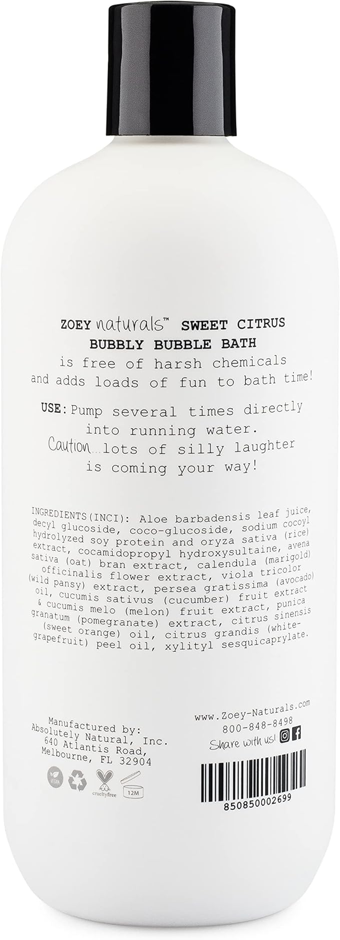 Zoey Naturals - Sweet Citrus Bubble Bath for Kids & Babies - Organic Tear-Free, Non-Toxic Toddler Soap with Moisturizing Aloe & Avocado Oil - Long Lasting Bubbles - Made in USA, 17 oz