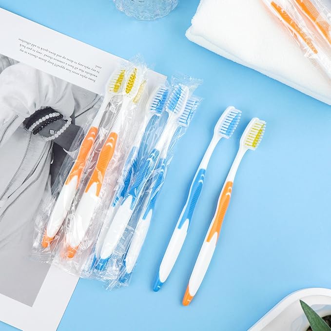 100 PCS Disposable Toothbrushes Individually Wrapped Bulk Toothbrush Pack, Medium Soft Toothbrushes for Adults, Kids, Guests, Travel, Hotel, Nursing, Donation (2 Colors)
