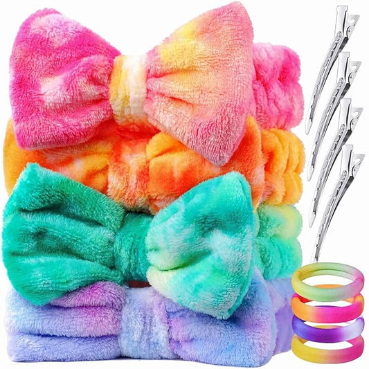 YGDZ Spa Gifts for Women, Spa Headband for Washing Face, Skincare Headband, Makeup Headband, Fluffy Bow Headbands for Skincare, Face Head Band Set for Teen Girl, Christmas Gifts (Tie Dye)