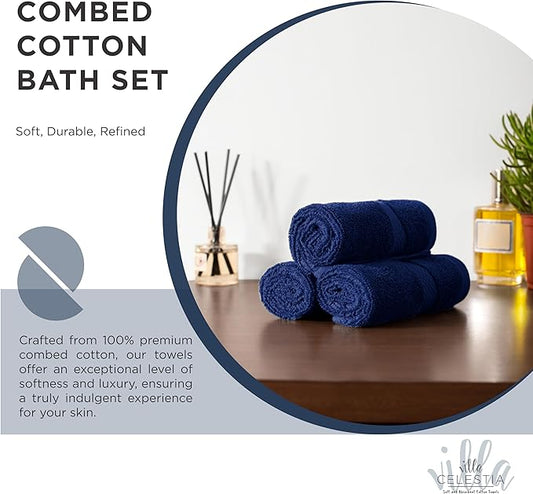 100% Cotton Bath Towel Set of 24-6 Bath Towels, 6 Hand Towels, 12 Wash Cloths, Sustainable, Soft, Highly Absorbent, Combed Cotton 24 Piece Set for Hotels, Spa, Bathroom, Dorm, Navy Blue