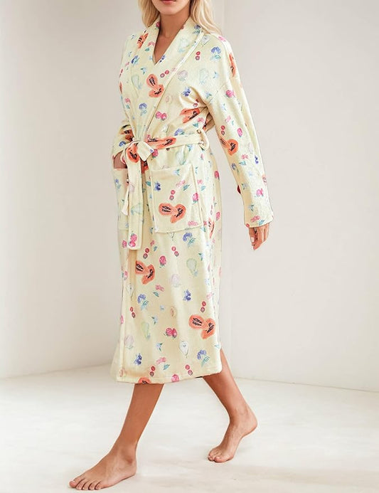 Women Fleece Floral Fruit Print Bathrobe Soft Flannel Lounge Robe Cute Fall Robe Lightweight Warm Gown with Belt