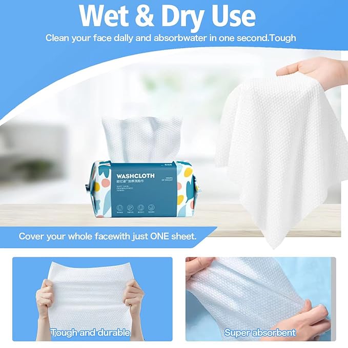 100 Count Disposable Face Towel,Thickening Ultra Soft Washcloths,Facial Cotton Tissue,Lint-free cotton dry wipes Multi-Purpose for Skin Care,Make-up Wipes,Face Wipes and Facial Cleansing