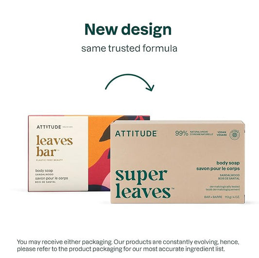 ATTITUDE Body Soap Bar, Natural Origin, Protects and Softens Dry Skin, Coconut & Olive Oils, For Men and Women, EWG verified & Vegan, Sandalwood, 4 Oz