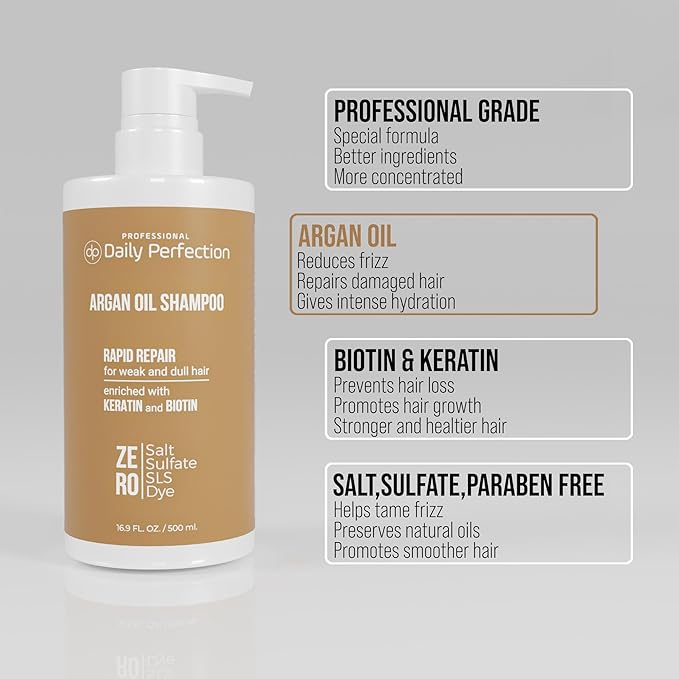 (dp) Argan Oil Shampoo – Repair & Protect Damaged Hair – Clean + Salon-Grade Formula with Biotin & Keratin