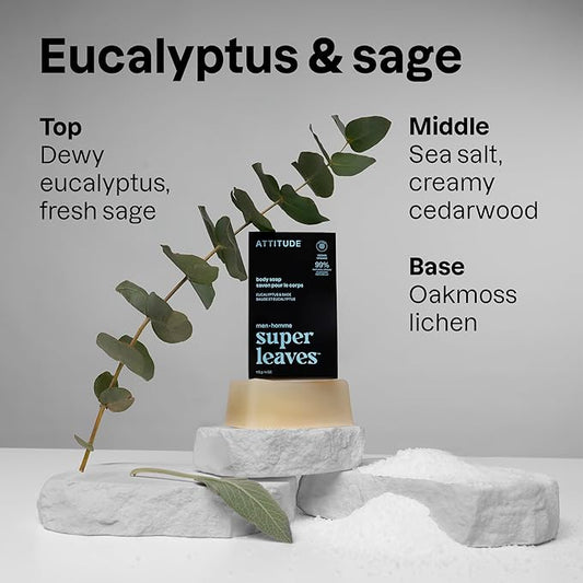 ATTITUDE Bar Soap Body Wash for Men, For Body and Hands, 99% Natural Origin Ingredients with Avocado Oil, EWG Verified, Eucalyptus & Sage, 4 Oz (Pack of 6)