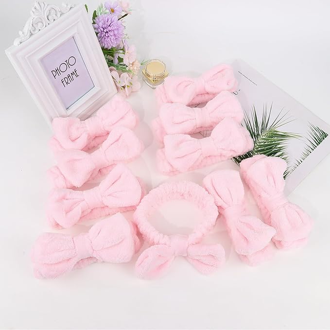 10 Pcs Pink Makeup Headbands, Hair Band for Washing Face, Soft Coral Fleece Makeup Headband for Girls, Bow Hair Bands, Beauty Headbands for Face Washing Shower Skin Care Yoga