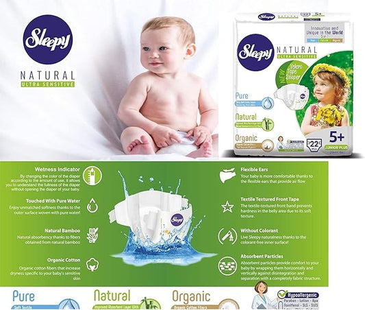 SOHO | Sleepy Natural Baby Diapers, Made from Organic Cotton and Bamboo Extract, Ultimate Comfort and Dryness, Disposable Diapers Snuggle Diaper (Size 5 +)