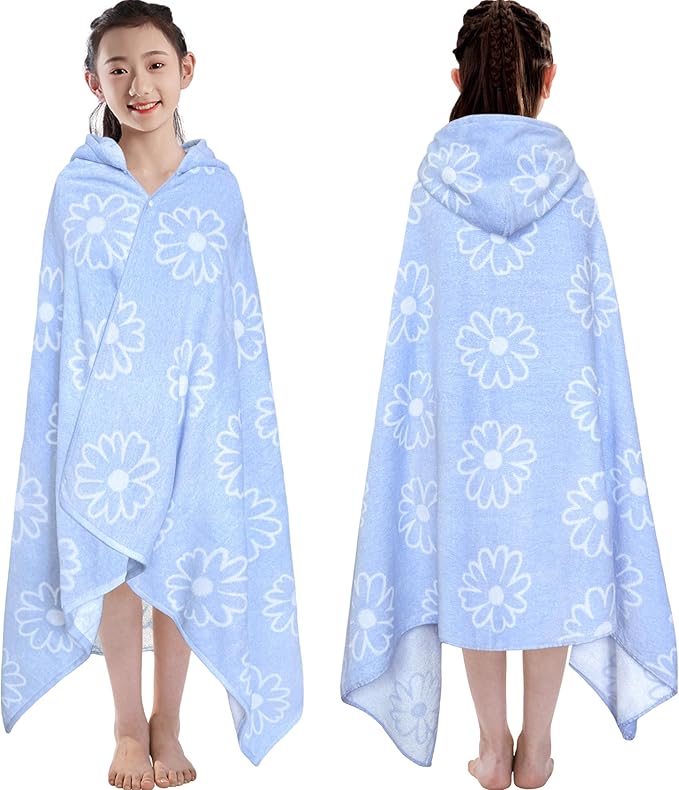 VOOVA & MOVAS Hooded Bath Towels for Teens/Big Kids (8-14 Years) | Soft Absorbent 100% Cotton Thick Towel Wrap | Versatile Beach, Pool, Swim & Bath Cover-Up | Jacquard Blue Daisy