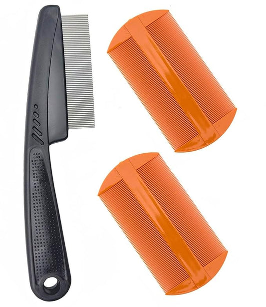 Dandruff Comb Fine Tooth Scalp Detox Comb Lice for Women, Men & Kids Stainless Steel Scalp Detoxing, Sweep & Massage Hair Brush Tool for Hair Care (2PC Black+Orange)