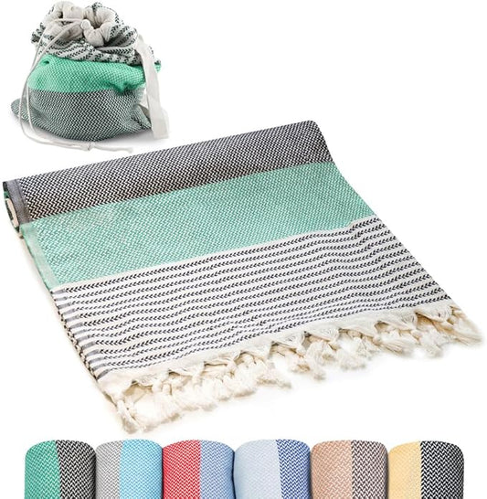 ATANI Turkish Beach Towel (71x39 Inches), Converts to a Bag, Oversized 100% Cotton Bath Towels Lightweight Quick-Dry Beach Blanket for Travel, Picnic, Camping, Yoga and Pool (Green x Black)