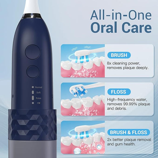 Upgraded 2-in-1 Electric Toothbrush with Water Flosser, Ultrasonic Cleaning & 3+4 Smart Modes, Portable Oral Irrigator with Point-Jet, Rechargeable IPX7 Waterproof for Home & Travel Use