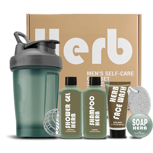 Bath and Body Gift Baskets for Men, 6 Pcs Mens Shower Gift Sets with Fresh Herbal Scent Body Wash Face Wash, Water Bottle & More, Unique Gift Ideas for Him Fathers Day