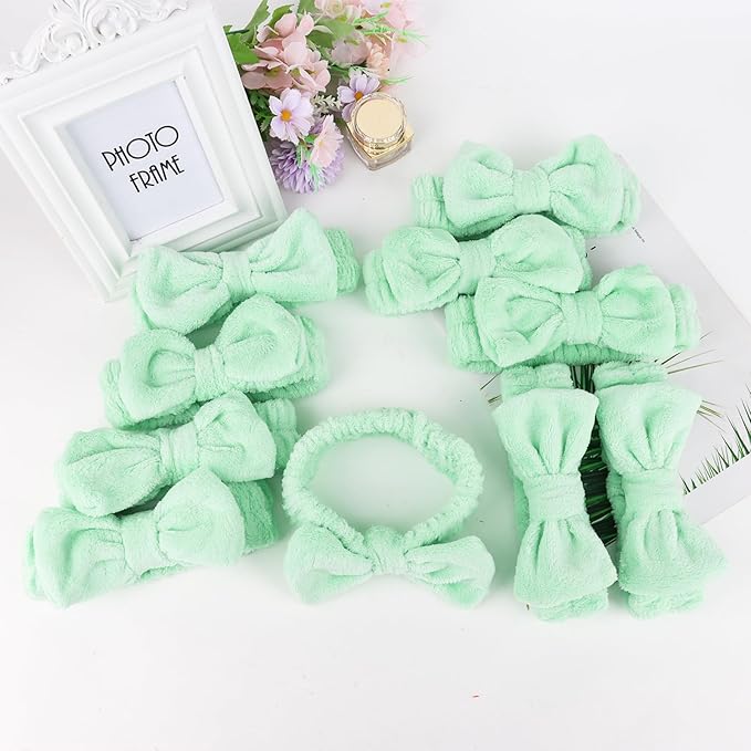 10 Pcs Green Face Wash Headbands, Spa Gifts for Women Girls, Soft Coral Fleece Skincare Headband, Bow Hair Bands, Spa Headbands for Face Washing Shower Skin Care Yoga
