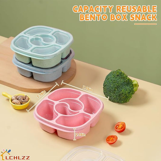 4 Pack Snack Containers, 6 Compartments Bento Snack Boxes, Reusable Meal Prep Lunch Containers BPA-Free, Divided Food Storage Containers for Work Travel