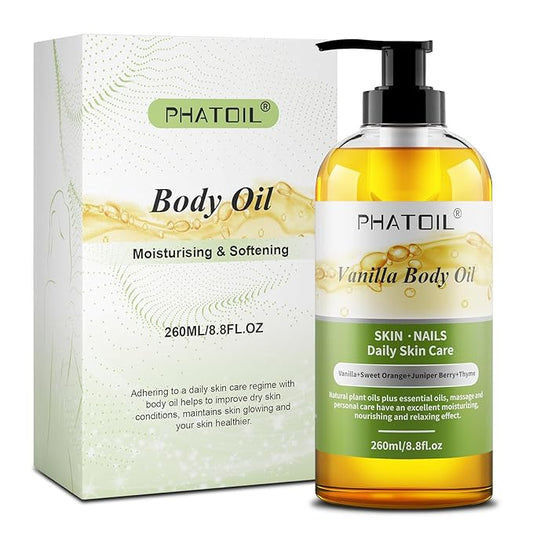 Vanilla Body Oil 260ML, Premium Body Oils for Moisturizing Skin, Long-Lasting Fragrance Vanilla Massage Oil for All Skin Types - 8.8 FL.OZ