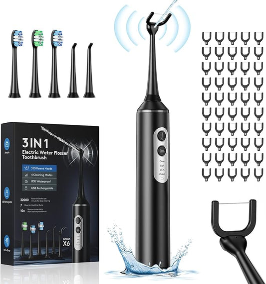 Electric Flosser with 4 Modes, 3 in 1 Power Flosser and Electric Toothbrush with Water Flosser Combo with 55 Replacement Heads, Water Floss Alternative, Brushing and Flossing for Home and Travel