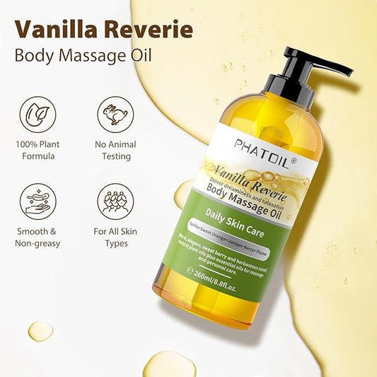 Vanilla Body Oil with Sweet Orange, Juniper Berry and Thyme Essential Oils, Premium Scented Body Oil for Moisturizing Skin, Massage Oil for Women Men After Shower - 8.8 FL.OZ(260ML)