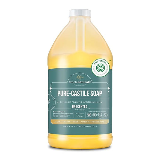 Pure Castile Soap Liquid, EWG Verified & Certified Palm Oil Free Unscented, Natural, Mild & Gentle Non-gmo & Vegan - Organic Body Wash, Laundry, Pet/Dog and Baby Soap - 64 Fl Oz