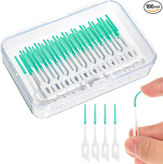 100 Pieces Interdental Brushes, Silicone Dental Floss Picks with Case Dental Brushes Dental Picks Green Tooth Floss Picks for Teeth Cleaning(Green)