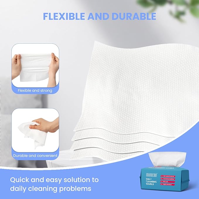 100 Sheet Daily Cleansing Towels Ultra Soft Dry Wipes for Sensitive Skin Disposable Facial Washcloths 100% Organic Viscose (Pack of 1)