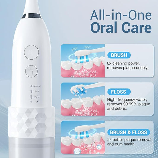 Marchpower Innovative 2-in-1 Electric Toothbrush with Water Flosser – Ultrasonic Cleaning, Compact Travel Design, 3+3 Modes, IPX7 Waterproof, USB-C Rechargeable, with 3 Dupont Brush Heads & 1 Jet Tip