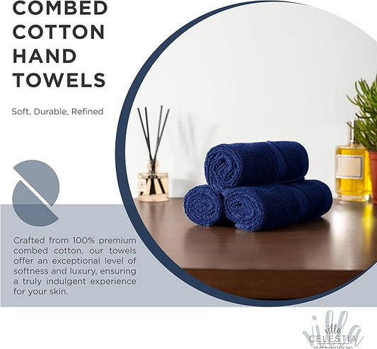 100% Cotton Hand Towel Set of 2, (16 x 28 inches) Sustainable, Soft, Highly Absorbent, Quick Drying, Combed Cotton Hand Towels Pack of 2 Ideal for Hotels, Spa, Bathroom, Dorm, Navy Blue